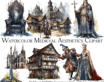 Watercolor Medieval Clipart Set: Kings, Knights, Castles (PNG + PDF)