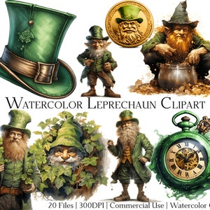 Puede incluir: Conjunto de clipart de acuarela con duendes en varias poses, incluyendo un duende sosteniendo una olla de oro, un duende con un sombrero de copa y un duende con un reloj de bolsillo. El clipart es perfecto para agregar un toque de encanto irlandés a tus proyectos.