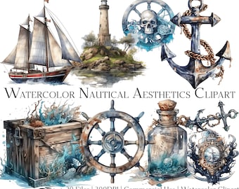 Set di clipart nautiche ad acquerello: elementi marini (PNG + PDF)