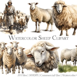 Aquarell Schaf Clipart Set mit 20 Dateien mit sofortigem Download und kommerzieller Nutzung, PNG + PDF-Format, perfekt für Heimwerker