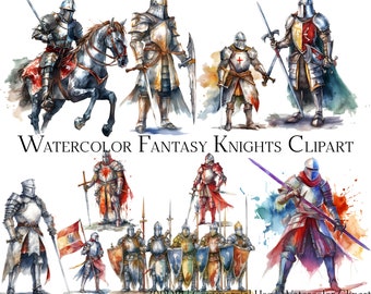 Watercolor Fantasy Knights Clipart: Medieval Art, DIY Crafts (PNG + PDF)