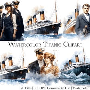 Conjunto de 20 arquivos de clipart em aquarela do Titanic com download instantâneo e uso comercial, formato PNG + PDF, perfeito para artesanato "faça você mesmo".