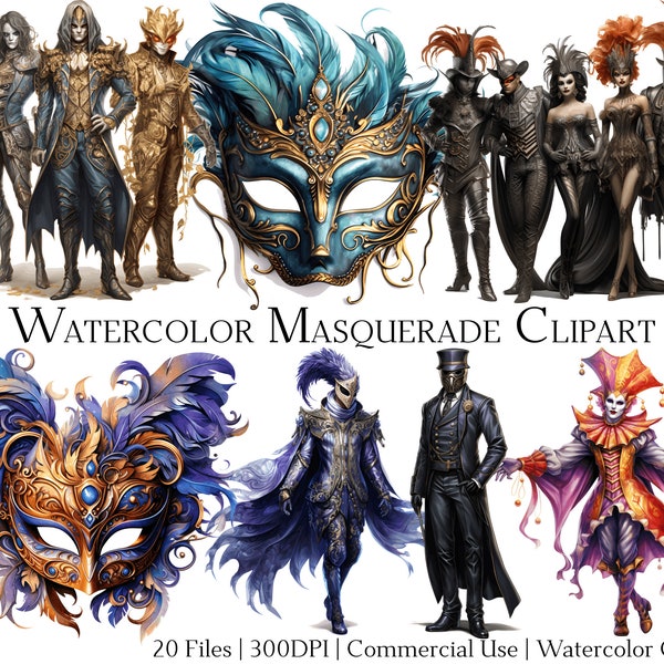 Watercolor Masquerade Clipart Set of 20 Files with Instant Download & Commercial Use, PNG + PDF Format, Perfect for Crafts