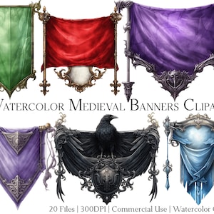 Aquarell mittelalterlichen Banner Clipart Set mit 20 Dateien mit sofortigem Download und kommerzielle Nutzung, PNG + PDF-Format Perfekt für DIY Handwerk.
