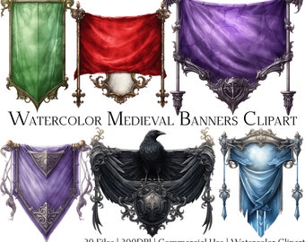 Watercolor Medieval Banners Clipart Set of 20 Files with Instant Download & Commercial Use, PNG + PDF Format Perfect for DIY Crafts.