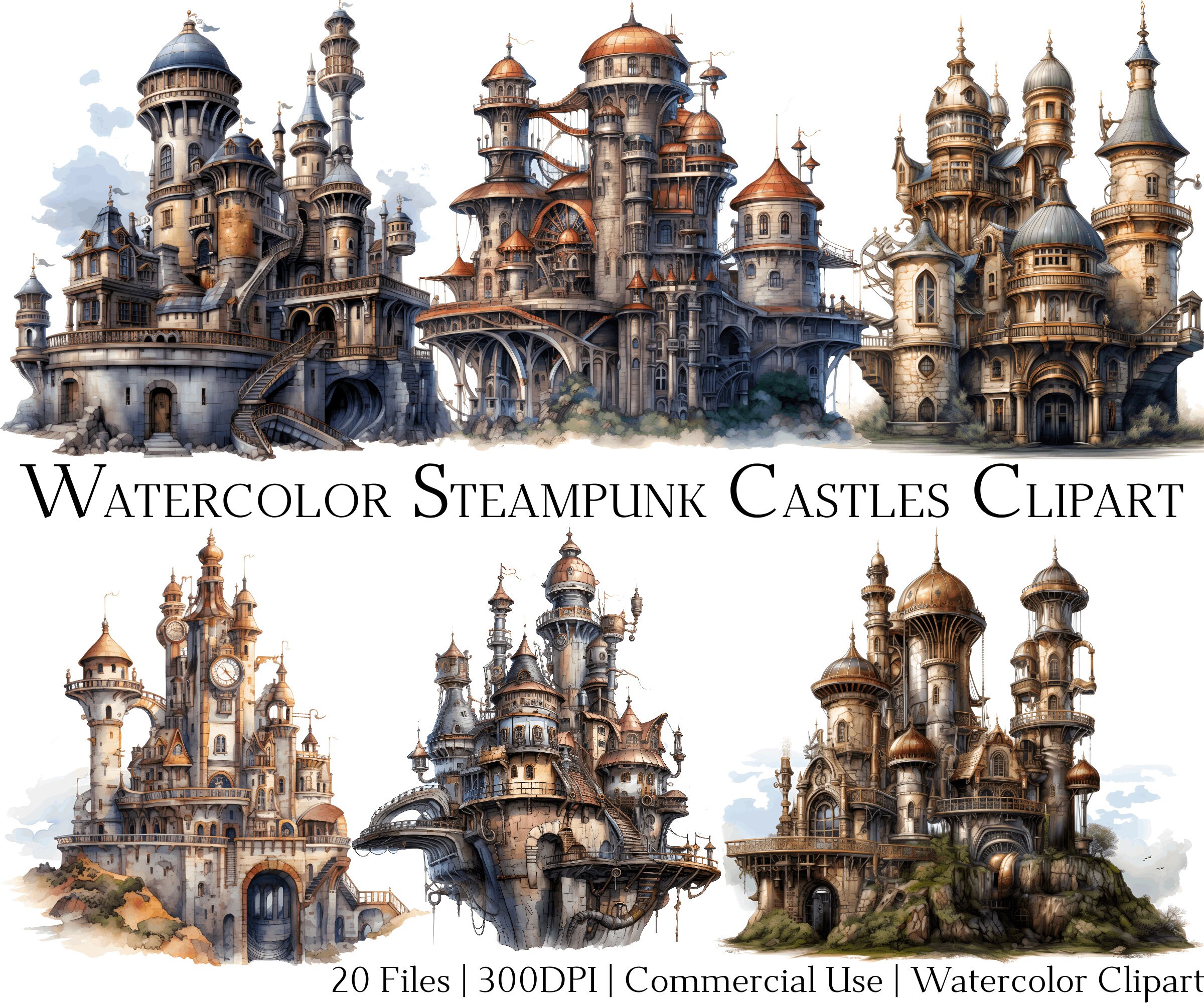 Watercolor Steampunk Castles Clipart Set of 20 Files with Instant Download & Commercial Use, PNG + PDF Format, Perfect for DIY Crafts.
