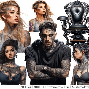 May include: Four people with tattoos, including a man with a black jacket and a woman with a black dress, are shown in a digital illustration. The image also includes a black ornate chair with a black leather seat.