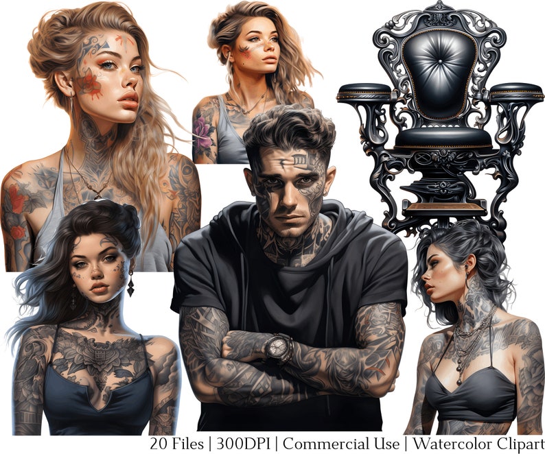 May include: Four people with tattoos, including a man with a black jacket and a woman with a black dress, are shown in a digital illustration. The image also includes a black ornate chair with a black leather seat.