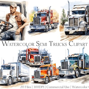 Watercolor Semi Trucks Clipart Set of 20 Files with Instant Download & Commercial Use, PNG + PDF Format, Perfect for DIY Crafts