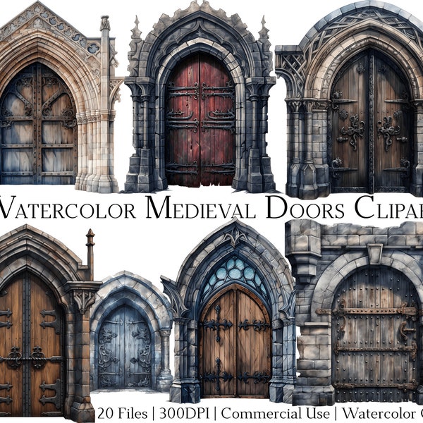 Watercolor Medieval Doors Clipart Set of 20 Files with Instant Download & Commercial Use, PNG + PDF Format, Perfect for Crafts