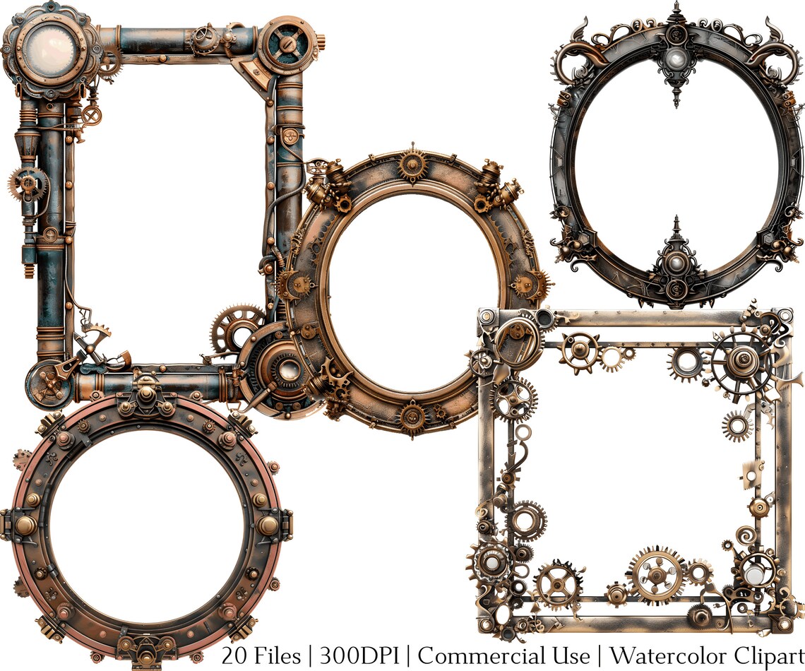 Watercolor Steampunk Frames Clipart: 20 PNG & PDF Files - Etsy