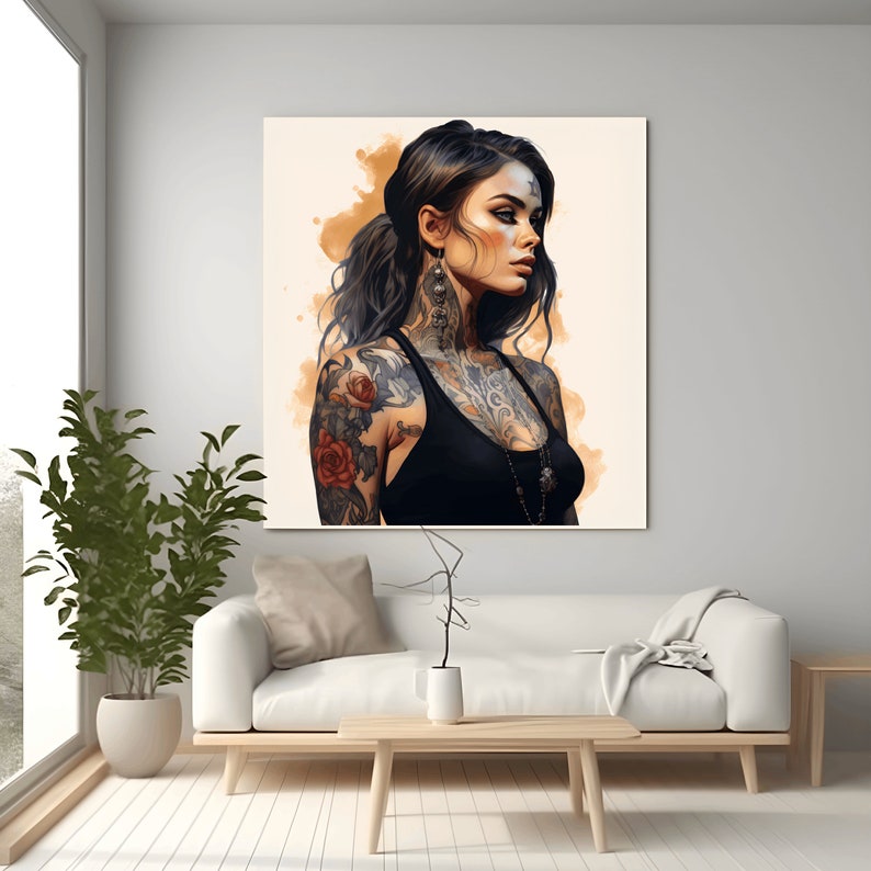 May include: A digital painting of a woman with long black hair and tattoos. She is wearing a black tank top and a silver necklace. The background is a light brown with watercolor-like washes.