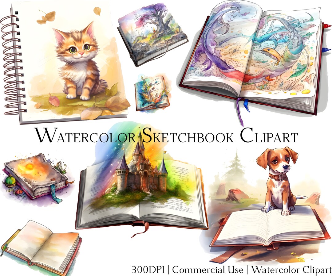 Watercolor Sketchbook Clipart Set of 20 Files With Instant Download