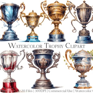 Könnte beinhalten: Ein Set mit Aquarell-Clipart-Bildern von verschiedenen Trophäen. Die Trophäen sind in verschiedenen Stilen und Farben gehalten, darunter Gold, Silber und Blau. Die Bilder eignen sich perfekt, um Ihren Designs einen Hauch von Eleganz zu verleihen.