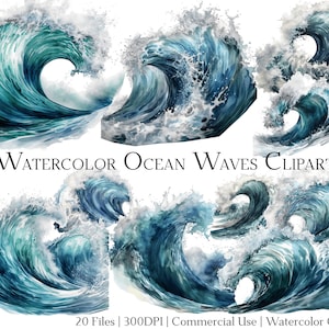 Puede incluir: Clipart de acuarela de olas del océano rompiendo. Las olas están pintadas en tonos de azul y blanco, con salpicaduras de espuma.