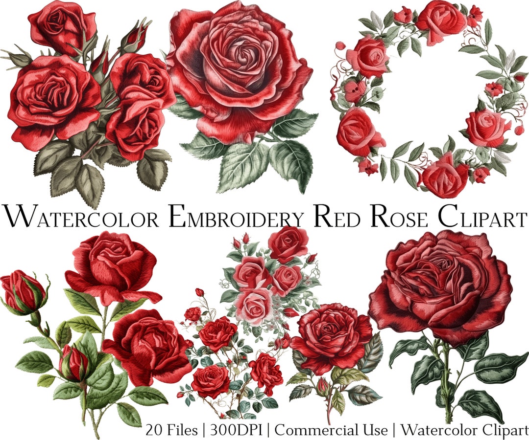 Watercolor Embroidery Red Rose Clipart Set of 20 Files With Instant ...