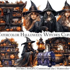 Watercolor Halloween Witches Clipart Set: PNG & PDF (20 Files)