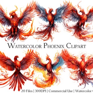 Ensemble de 20 fichiers aquarelle Phoenix avec téléchargement immédiat et utilisation commerciale, au format PNG + PDF, parfait pour les travaux manuels