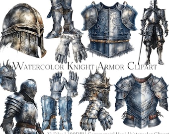 Clipart aquarel ridderpantser: middeleeuwse afbeeldingen (PNG + pdf)