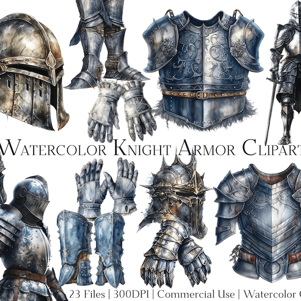 Watercolor Knight Armor Clipart Set of 23 Files with Instant Download & Commercial Use, PNG + PDF Format, Perfect for DIY Crafts.