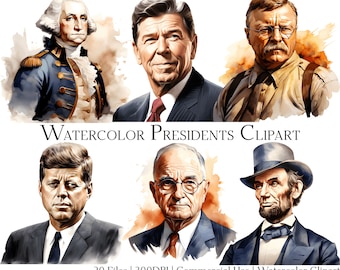 Watercolor Presidents Clipart Set of 20 Files with Instant Download & Commercial Use, PNG + PDF Format, Perfect for DIY Crafts