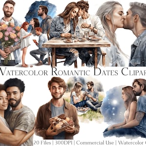 Watercolor Romantic Dates Clipart Set of 20 Files with Instant Download & Commercial Use, PNG + PDF Format, Perfect for DIY Crafts.