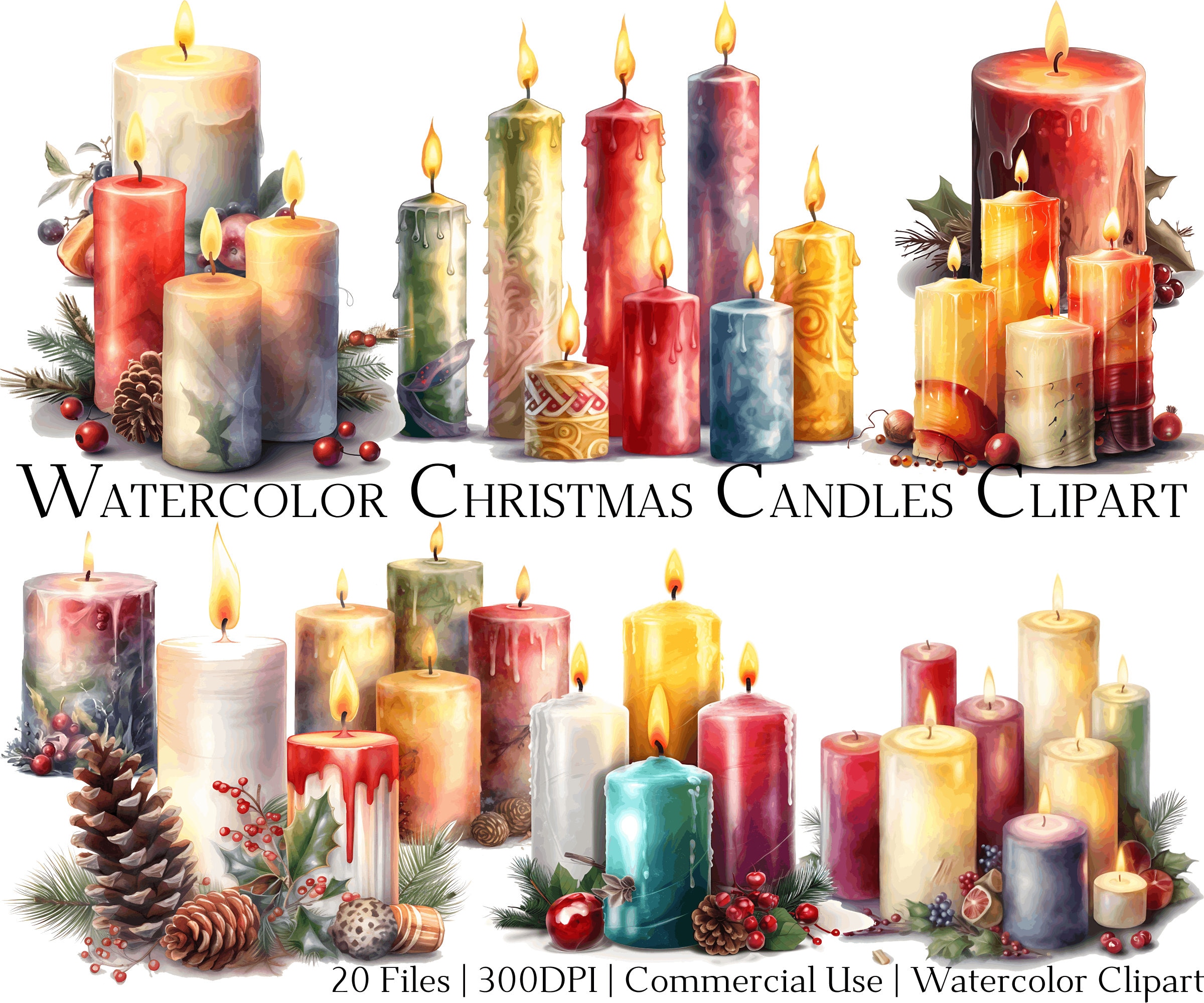 Watercolor Christmas Candles Clipart Set of 20 Files With Instant