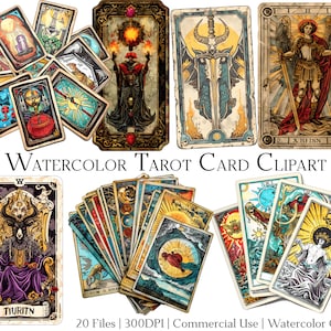 Conjunto de 20 archivos de imágenes prediseñadas de cartas del tarot en acuarela con descarga instantánea y uso comercial, formato PNG + PDF, perfecto para manualidades de bricolaje.