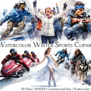 Aquarell Wintersport Clipart-Set mit 20 Dateien mit sofortigem Download und kommerzieller Nutzung, PNG + PDF-Format, perfekt für Heimwerker