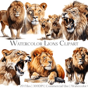 Conjunto de 20 archivos de imágenes prediseñadas de leones en acuarela con descarga instantánea y uso comercial, formato PNG + PDF, perfecto para manualidades de bricolaje.