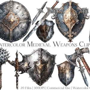 May include: Watercolour clipart set of medieval weapons and shields. The set includes a variety of weapons, such as swords, axes, maces, and daggers, as well as shields of different shapes and sizes. The weapons and shields are painted in a realistic style with a watercolour effect.