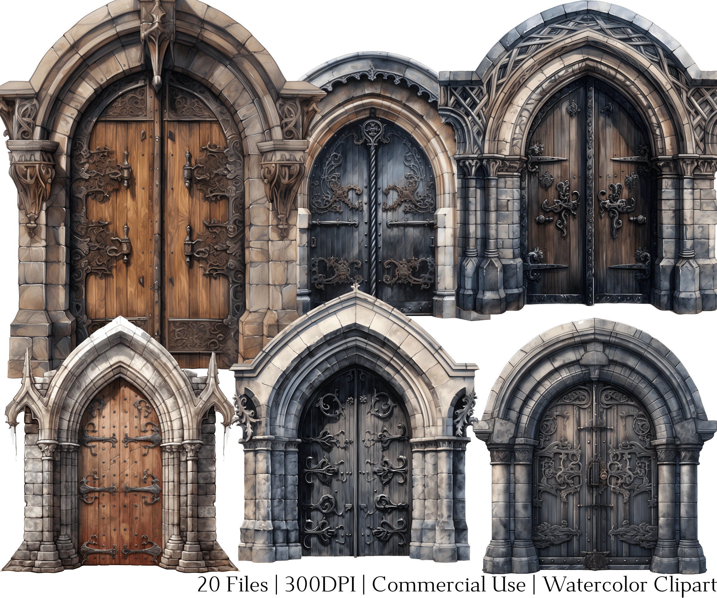 Watercolor Medieval Doors Clipart Set of 20 Files With Instant Download