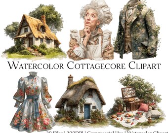Watercolor Cottagecore Clipart Set: 20 PNG & PDF Files (Commercial Use, Instant Download)