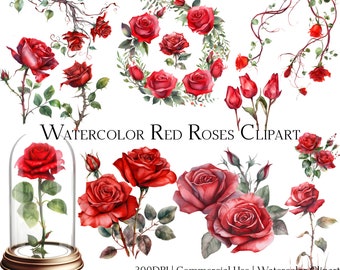 Watercolor Red Roses Clipart Set of 24 Files with Instant Download & Commercial Use, PNG + PDF Format Perfect for DIY Crafts.