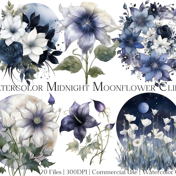 Watercolor Midnight Moonflowers Clipart Set of 20 Files with Instant Download & Commercial Use, PNG + PDF Format, Perfect for DIY Crafts