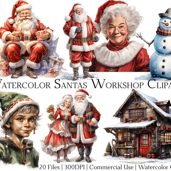 Watercolor Santa's Workshop Clipart Set of 20 Files with Instant Download & Commercial Use, PNG + PDF Format, Perfect for Crafts