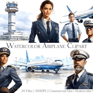 Conjunto de clipart de avião em aquarela com 20 arquivos com download instantâneo e uso comercial, formato PNG + PDF, perfeito para artesanato DIY