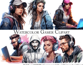Watercolor Gamer Clipart Set: Gaming Illustrations (PNG + PDF)