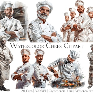 Aquarel chef-kok clipartset van 20 bestanden met directe download en commercieel gebruik, png- en pdf-indeling, perfect voor doe-het-zelvers.