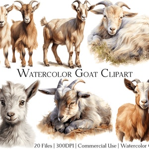 Aquarel geit clipartset van 20 bestanden met directe download en commercieel gebruik, png + pdf-formaat, perfect voor doe-het-zelf.