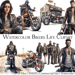 Set di clipart di vita di motociclisti ad acquerello di 20 file con download immediato e uso commerciale, formato PNG + PDF, perfetto per lavori artigianali fai da te