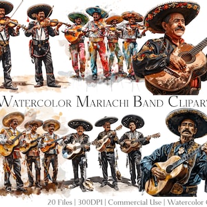 Conjunto de 20 arquivos de clipart de banda Mariachi em aquarela com download instantâneo e uso comercial, formato PNG + PDF, perfeito para artesanato "faça você mesmo".