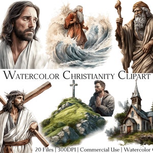Watercolor Christianity Clipart Set of 20 Files with Instant Download & Commercial Use, PNG + PDF Format, Perfect for DIY Crafts