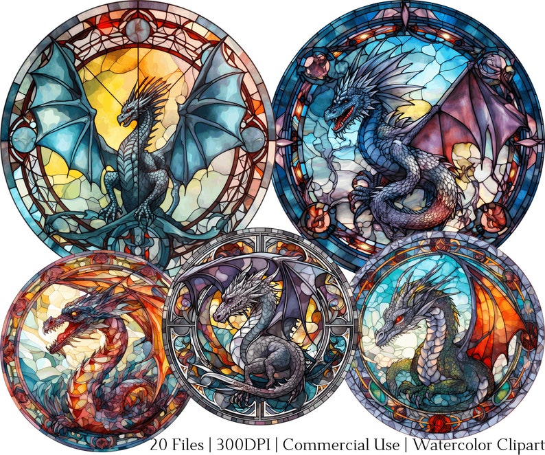 Watercolor Stained Glass Dragon Clipart: Fantasy Art (PNG + PDF) - Etsy