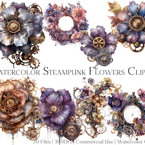 Aquarell Steampunk Blumen Clipart-Set 20 Dateien mit sofortigem Download und kommerzielle Nutzung, PNG + PDF-Format, DIY Kunsthandwerk.