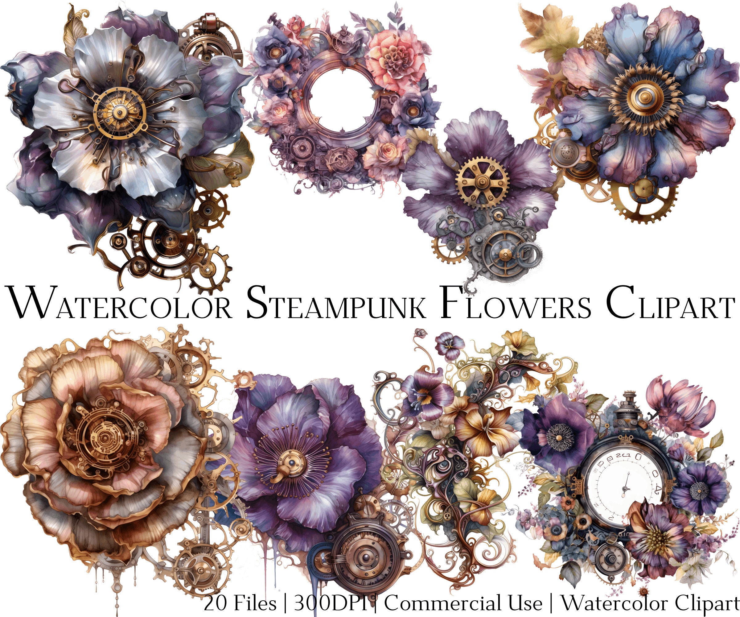 Watercolor Steampunk Flowers Clipart Set: 20 PNG & PDF Files - Etsy
