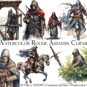 Ensemble de 20 cliparts aquarelle rogue assassin avec téléchargement immédiat et utilisation commerciale, format PNG + PDF, travaux manuels.
