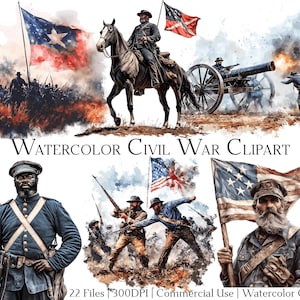 Conjunto de 22 arquivos de clipart em aquarela da Guerra Civil com download instantâneo e uso comercial, formato PNG + PDF, artesanato faça você mesmo.