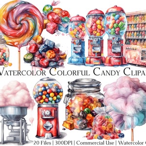 Conjunto de 20 arquivos de clipart de doces coloridos em aquarela com download instantâneo e uso comercial, formato PNG + PDF, perfeito para artesanato "faça você mesmo".