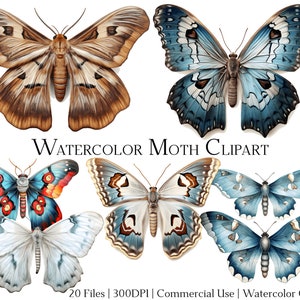 Aquarell Motte Clipart-Set mit 20 Dateien mit sofortigem Download und kommerzieller Nutzung, PNG + PDF-Format, perfekt für Heimwerker.